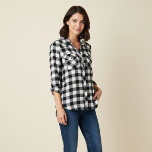 Anthropologie Ash and Ember Button Down Front Shirt Flannel Plaid Black Size S